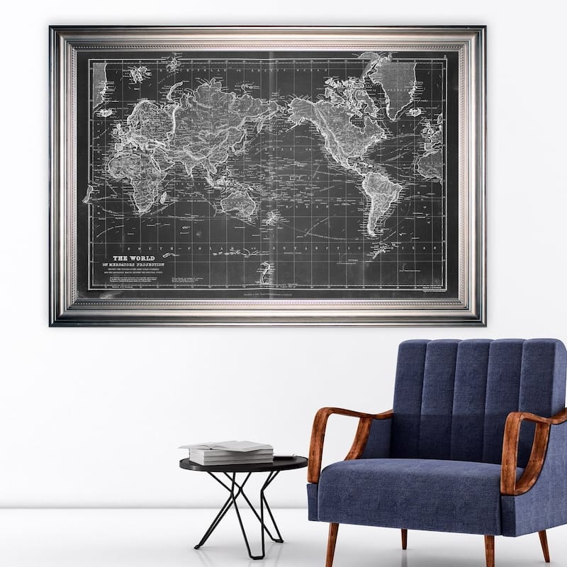 Vintage Wold Map VI Grey -Silver Frame - All Seasons - Traditional - Silver - Rectangle - Impressionism - Arthur Albin - Map - Wood - Handmade - Large