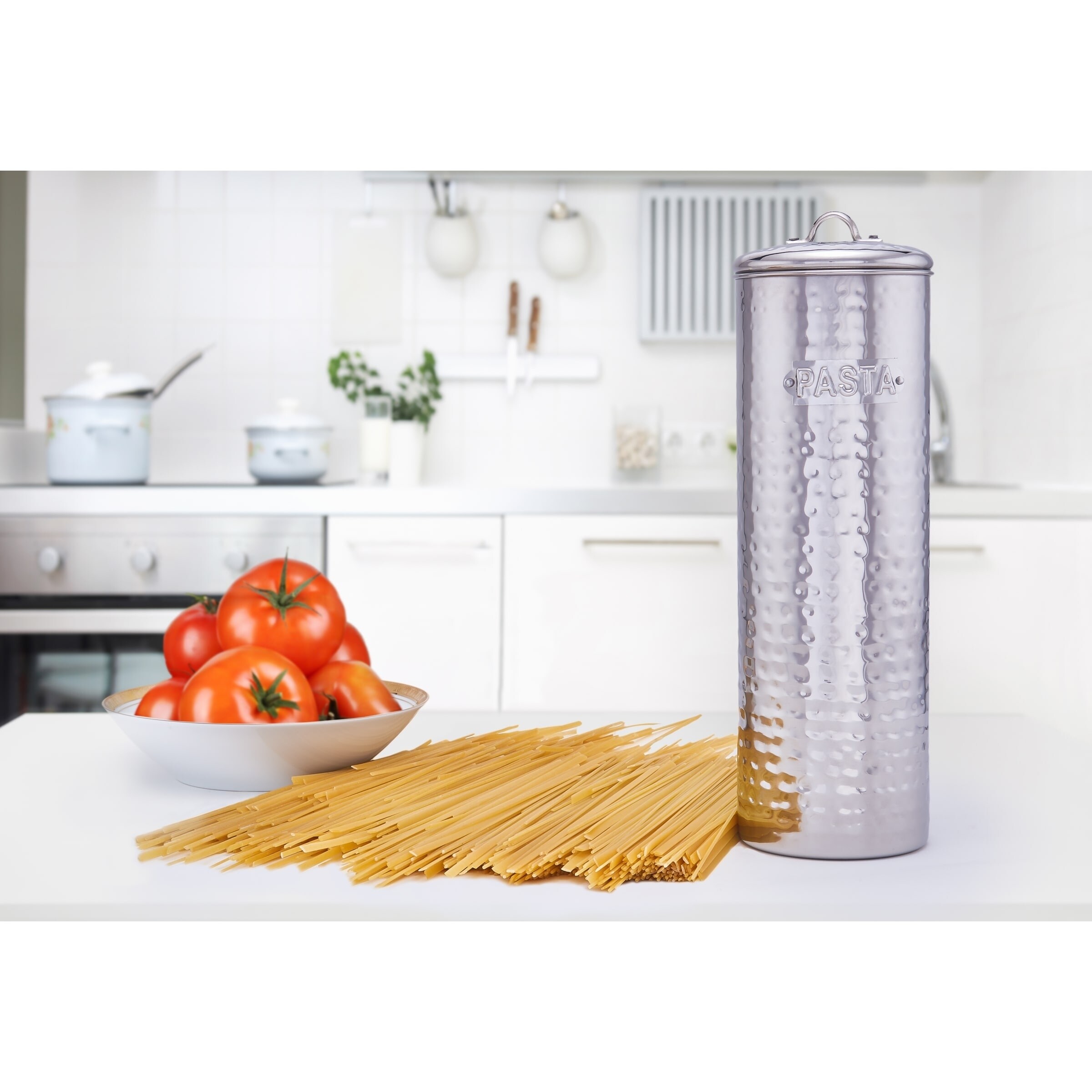 Shop Hammered Stainless Steel Pasta Canister 12 H On Sale