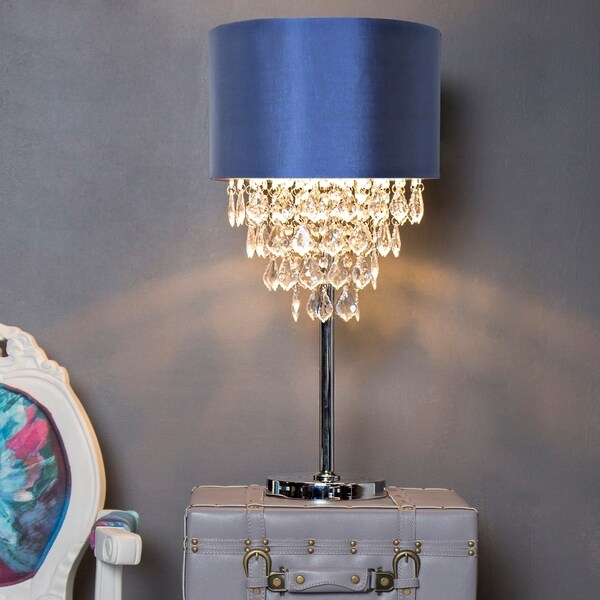 Silver Orchid Yorke Chrome Finished 25.75-inch high Crystal Tiered Table Lamp with Navy Shade