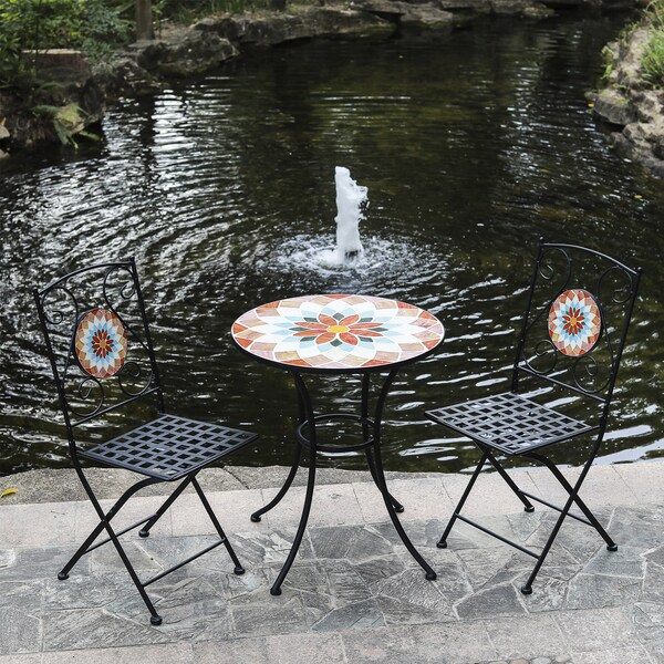 Mozaic Tiled Bistro Set 2 Chairs Set French Style Garden Patio Set