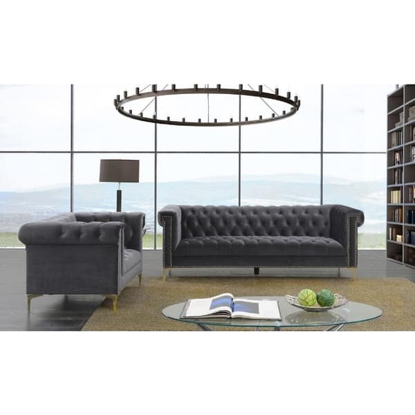 slide 1 of 7, Chic Home Vanessa Velvet Goldtone Metal Y-leg Sofa, Grey