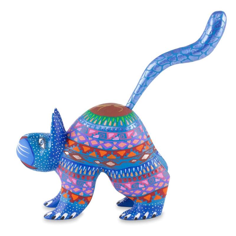 NOVICA Handmade Alebrije Sculpture, 'Blue Cat Greeting' (Mexico) - 0.2