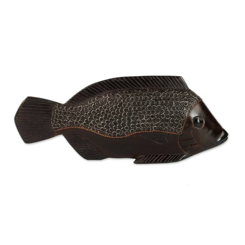 Wood Sculpture, 'African Fish' (Ghana) - 6.25 in high x 15.25 in wide x 1.6 in deep