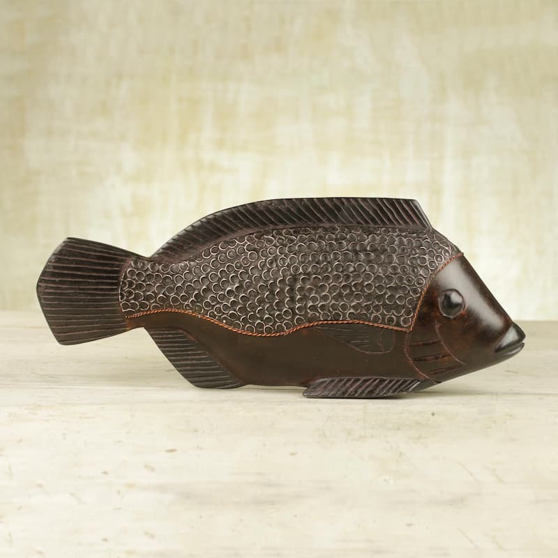 Wood Sculpture, 'African Fish' (Ghana) - 6.25 in high x 15.25 in wide x 1.6 in deep