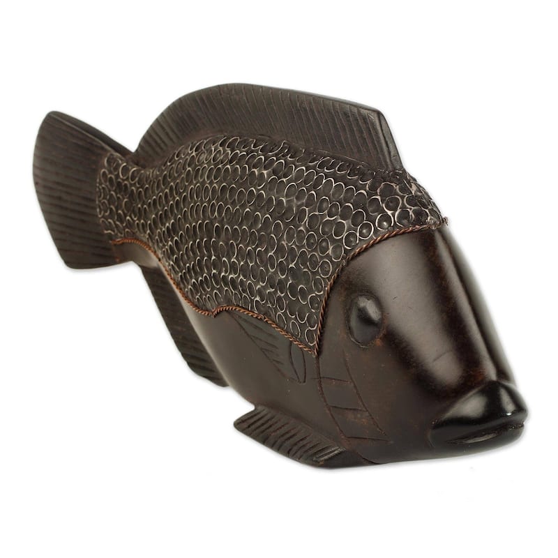 Wood Sculpture, 'African Fish' (Ghana) - 6.25 in high x 15.25 in wide x 1.6 in deep
