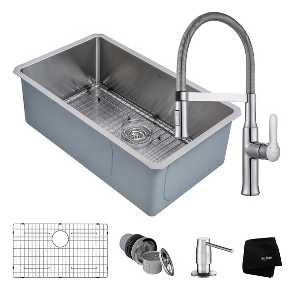 KRAUS 30 Inch Undermount Single Bowl Stainless Steel Kitchen Sink, KPF-1640 Nola Commercial Pull Down Faucet, Dispenser