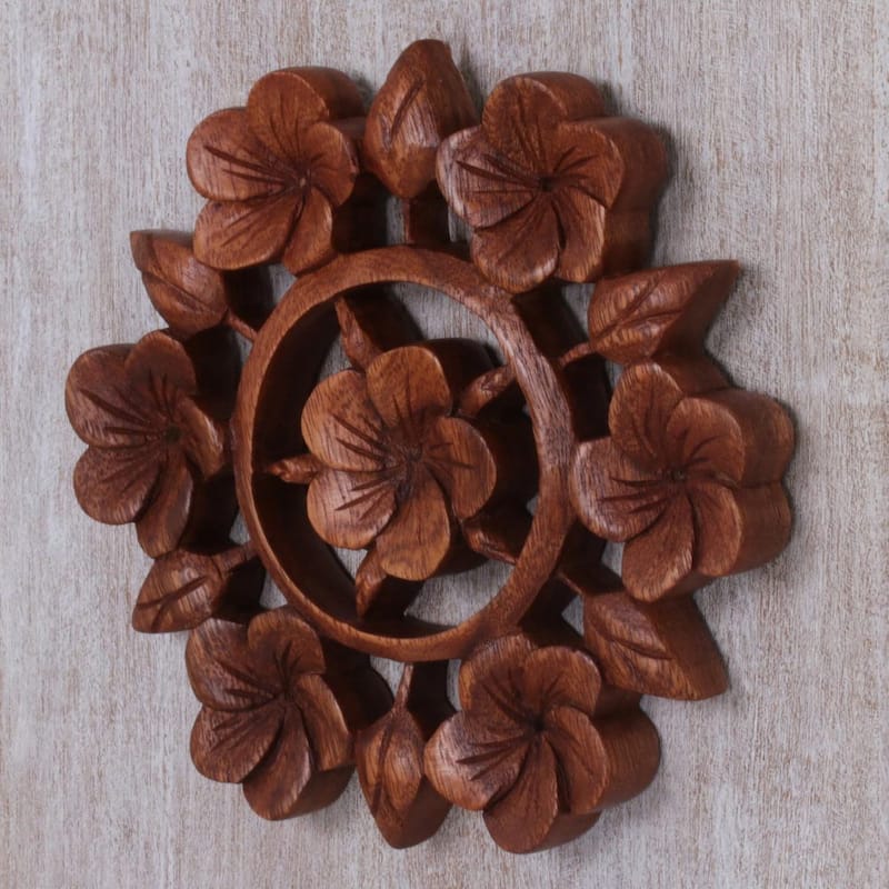 NOVICA Handmade Wood Relief Panel, 'Frangipani Garden' (Indonesia)