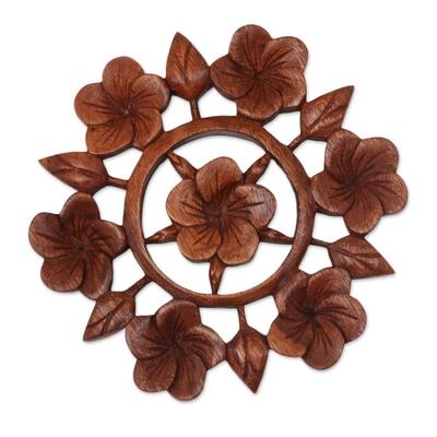 NOVICA Handmade Wood Relief Panel, 'Frangipani Garden' (Indonesia)