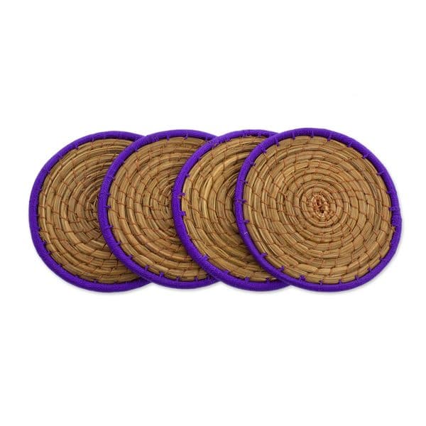 slide 2 of 4, Handmade Set of 4 Pine Needle Coasters, 'Latin Toast in Purple' (Guatemala)