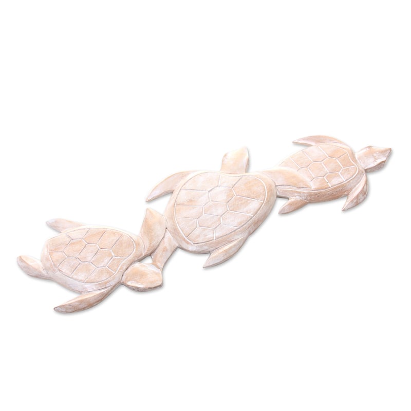 Handmade Sea Turtle Trio Wood Relief Panel (Indonesia)