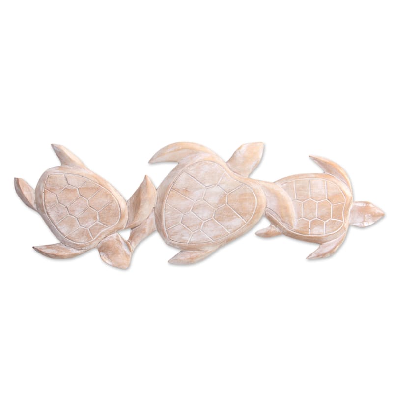 Handmade Sea Turtle Trio Wood Relief Panel (Indonesia)