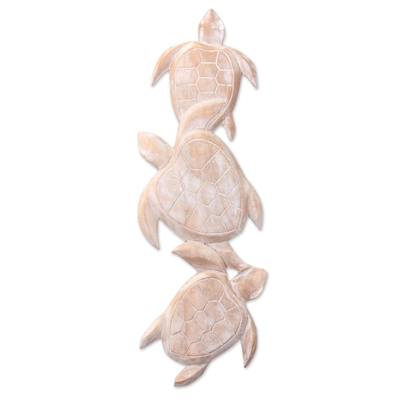 Handmade Sea Turtle Trio Wood Relief Panel (Indonesia)