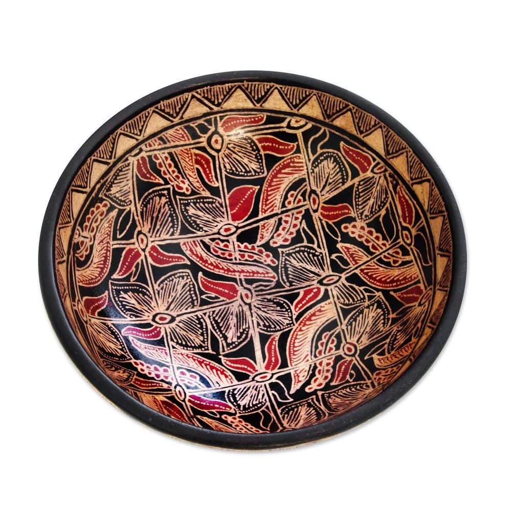 NOVICA Wood Batik Centerpiece, 'Jasmine Bud' (Indonesia) - 2.2" H x 6.75" D