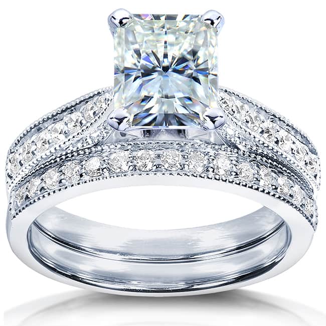 Annello by Kobelli 14k White Gold 1 1/2ct TGW Radiant Moissanite and Diamond Vintage Bridal Rings Set
