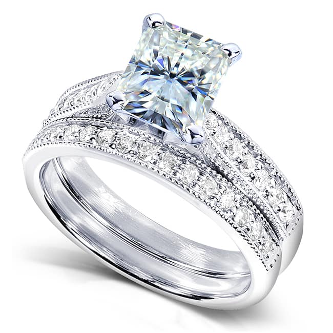 Annello by Kobelli 14k White Gold 1 1/2ct TGW Radiant Moissanite and Diamond Vintage Bridal Rings Set