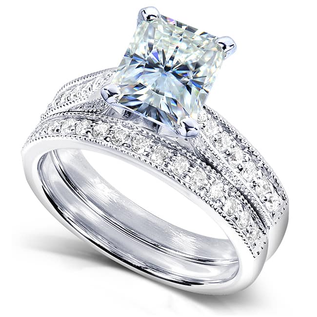 Kobelli 2.1 Carats Moissanite & Natural Diamond 14k Solid White Gold Radiant Vintage Sophie 2pc Bridal Set