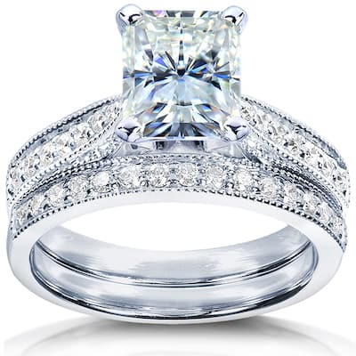 Kobelli 2.1 Carats Moissanite & Natural Diamond 14k Solid White Gold Radiant Vintage Sophie 2pc Bridal Set