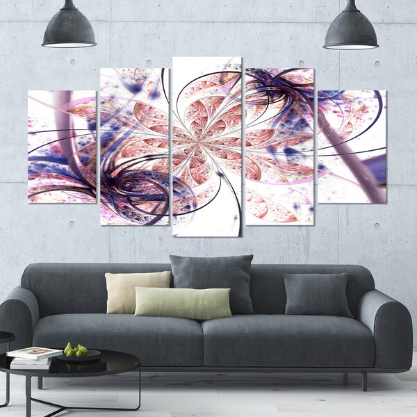 Designart 'Blue Pink Fractal Flower Pattern' Abstract Wall Art Canvas - 60x32 - 5 Panels Diamond Shape