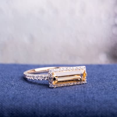 Miadora Yellow Gold Plated Sterling Silver Baguette Citrine and White Sapphire Halo Bar Ring