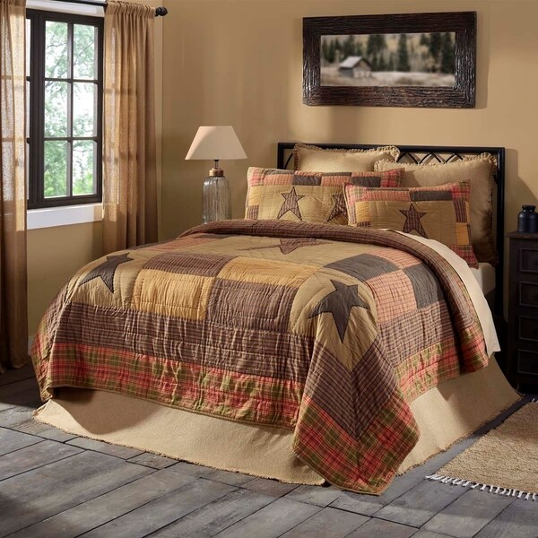 3pc DAKOTA STAR King Quilt SET Primitive Rustic Black//Khaki Tan Farmhouse VHC