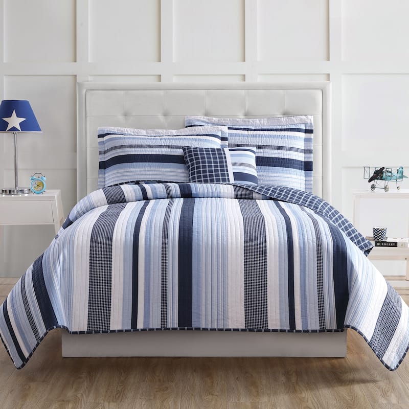 My World Mason Stripe 3-piece Quilt Set with Bonus Decorative Pillow