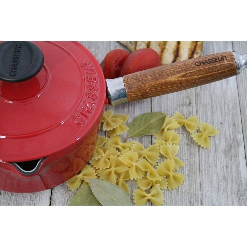 Chasseur 1.3-quart Red French Enameled Cast Iron Saucepan With Lid and Wood Handle