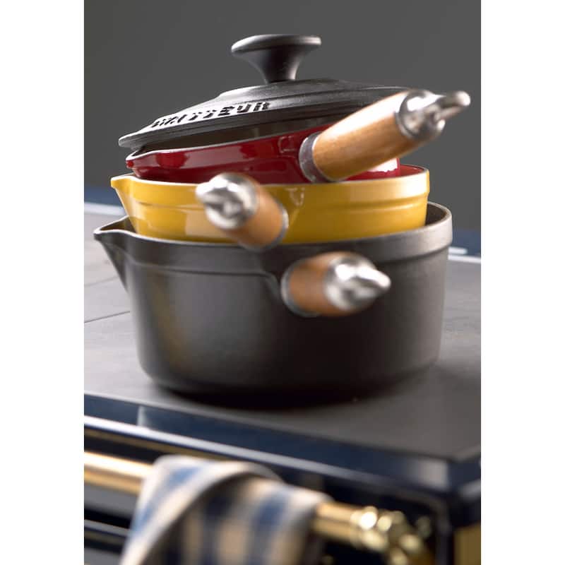 Chasseur 1.3-quart Red French Enameled Cast Iron Saucepan With Lid and Wood Handle