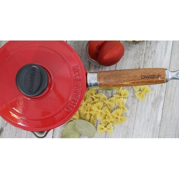 Chasseur 1.3-quart Red French Enameled Cast Iron Saucepan With Lid and Wood Handle
