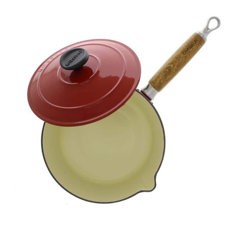 Chasseur 1.3-quart Red French Enameled Cast Iron Saucepan With Lid and Wood Handle