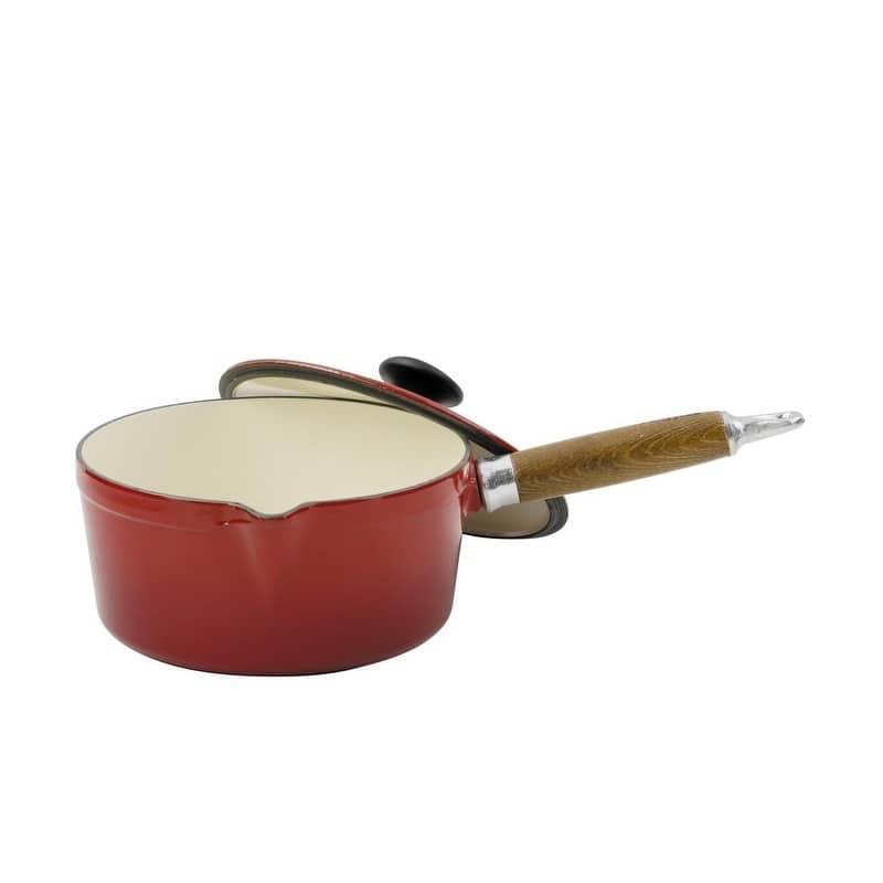 Chasseur 1.3-quart Red French Enameled Cast Iron Saucepan With Lid and Wood Handle