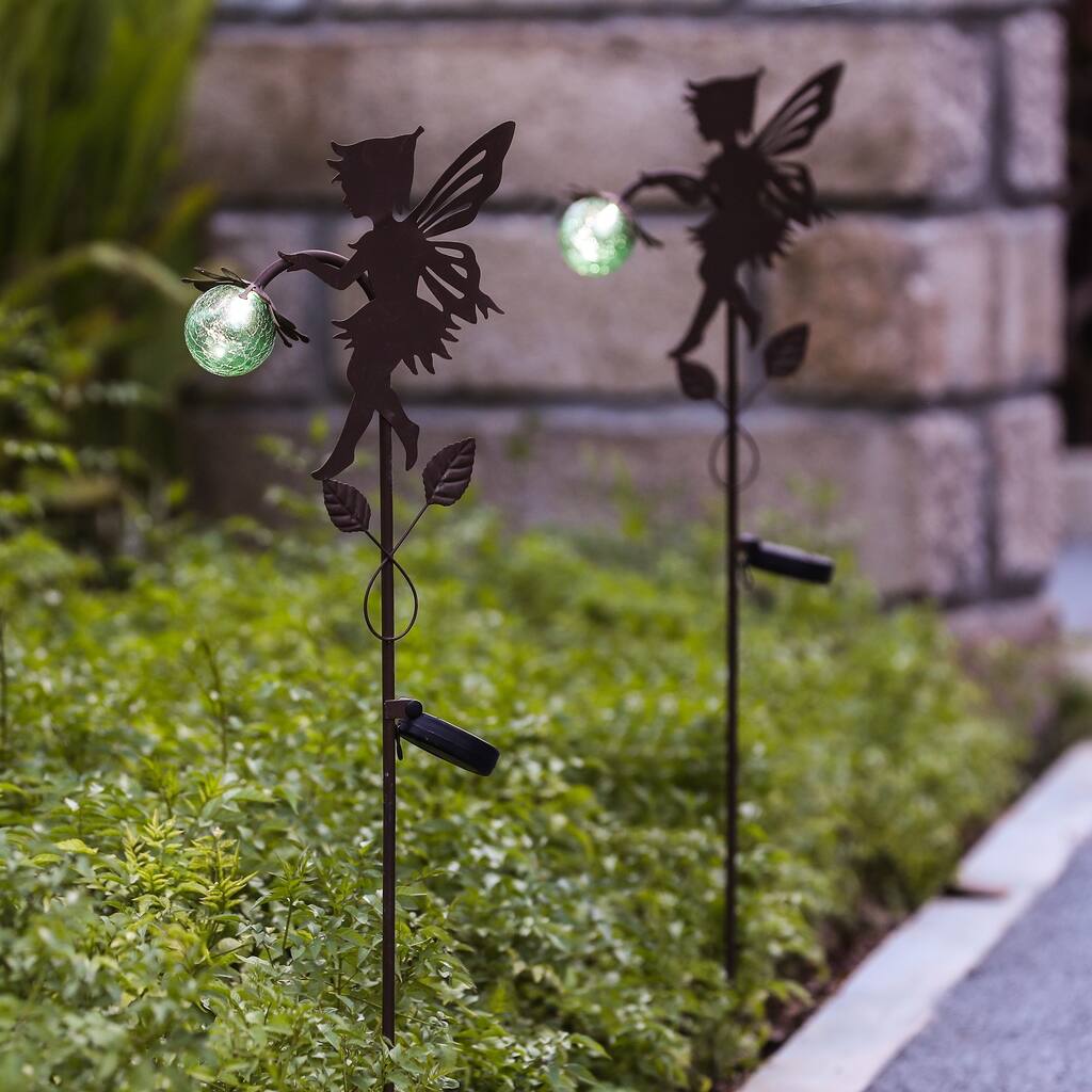 Solar Powered Metal Fairy Figure Garden Stakes, Set of 2 - 35.5" H