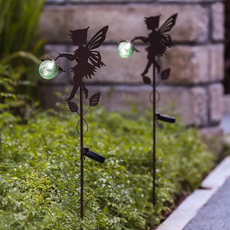 Solar Powered Metal Fairy Figure Garden Stakes, Set of 2 - 35.5" H