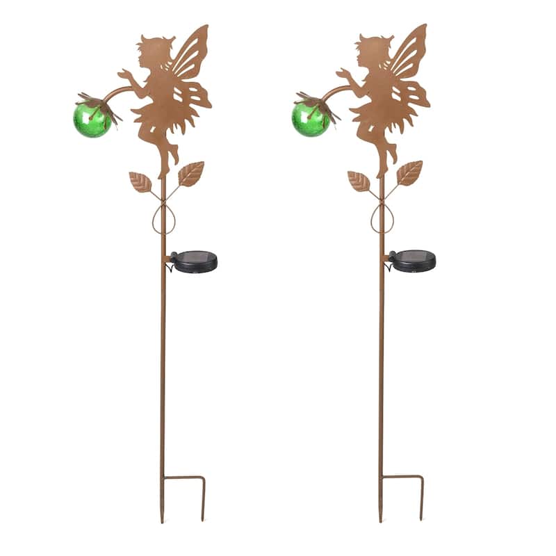 Solar Powered Metal Fairy Figure Garden Stakes, Set of 2 - 35.5" H
