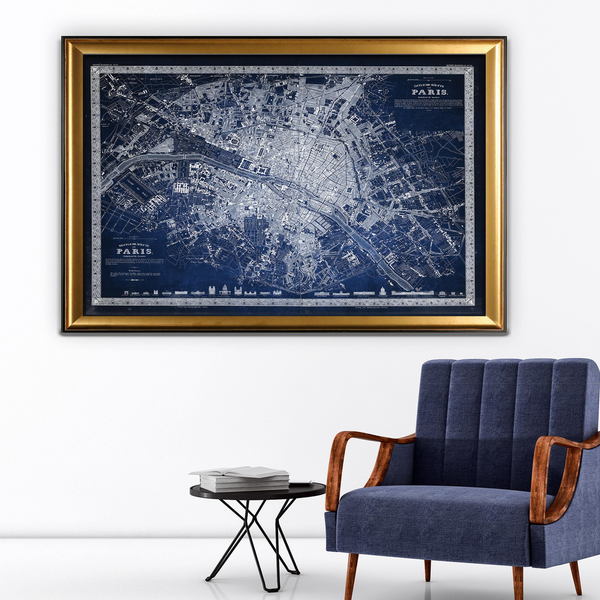 Vintage Paris Map Outline Blue - Gold Frame