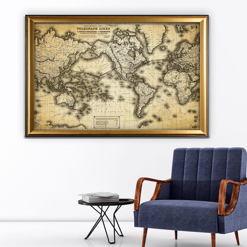 Vintage Wold Map VII Antique - Gold Frame - All Seasons - Traditional - Gold - Rectangle - Impressionism - Arthur Albin - Map - Wood - Handmade - Large