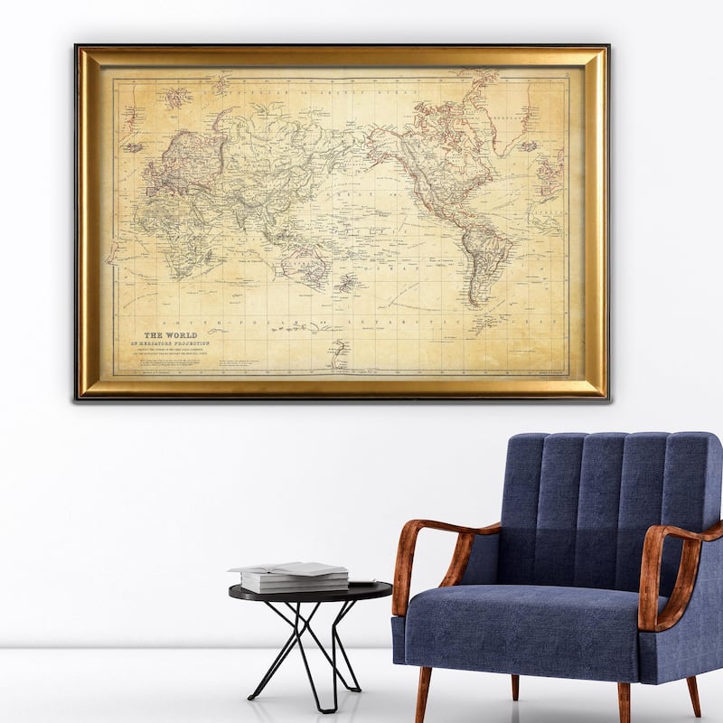 Vintage Wold Map VI Antique - Gold Frame - All Seasons - Traditional - Gold - Rectangle - Impressionism - Arthur Albin - Map - Wood - Handmade - Large