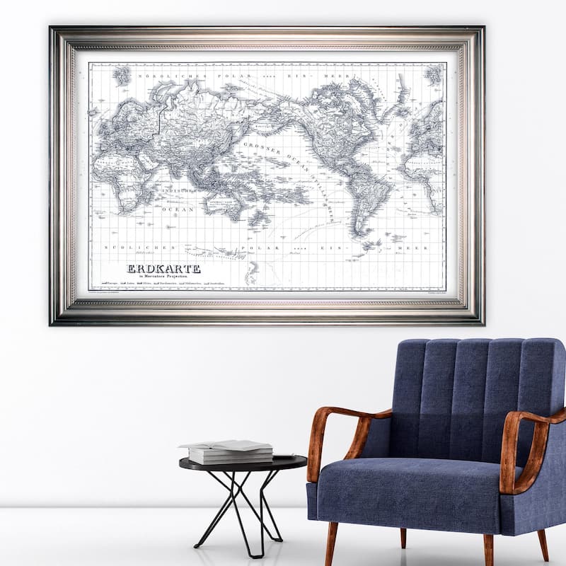 Vintage Wold Map IV Blue Outline -Silver Frame - All Seasons - Traditional - Silver - Rectangle - Impressionism - Arthur Albin - Map - Wood - Handmade - Large