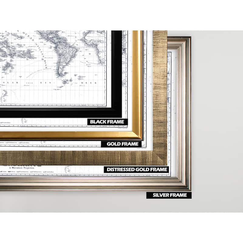 Vintage Wold Map IV Blue Outline -Silver Frame