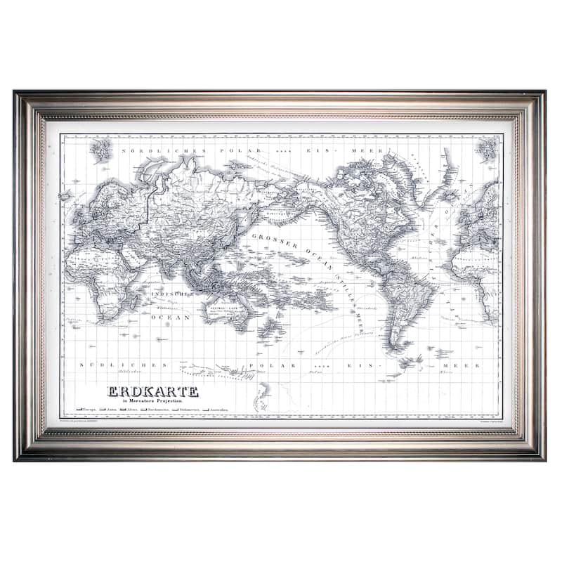Vintage Wold Map IV Blue Outline -Silver Frame