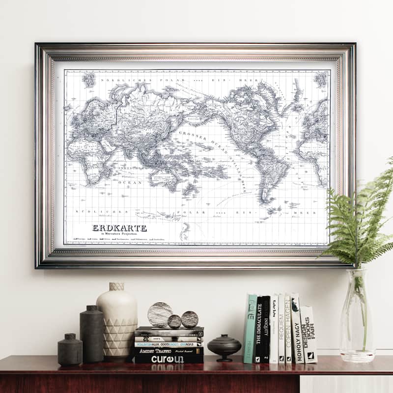 Vintage Wold Map IV Blue Outline -Silver Frame