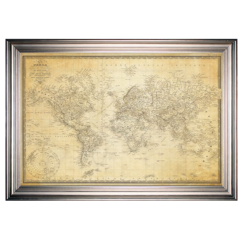 Vintage Wold Map v Parchment -Silver Frame