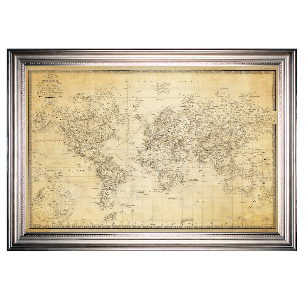 Vintage Wold Map v Parchment -Silver Frame