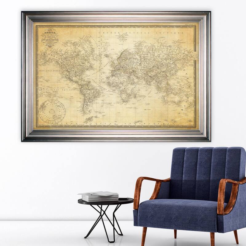 Vintage Wold Map v Parchment -Silver Frame - Wood - Silver