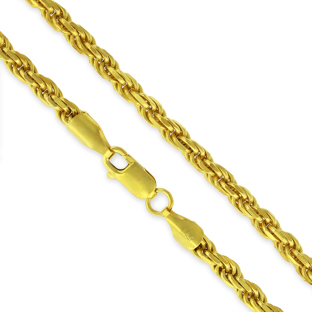 14K Yellow Gold Over Silver 4MM Rope Diamond-Cut Braided Twist .925  Necklace Chain, Gold Chain for Men & Women, Made in Italy