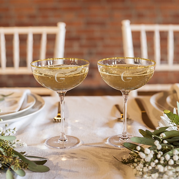 Personalized 8 oz. Gold Rim Coupe Flutes. Opens flyout.