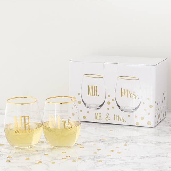 Mr And Mrs 19 25 Oz Gold Rim Stemless Wine Glasses 15390911