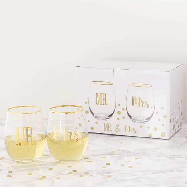 Mr And Mrs 19 25 Oz Gold Rim Stemless Wine Glasses 15390911