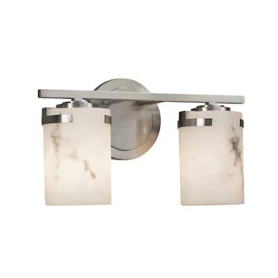 Justice Design LumenAria Atlas 2-light Brushed Nickel Bath Bar, Faux Alabaster Cylinder - Flat Rim Shade