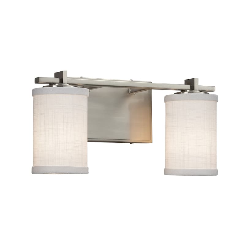 Justice Design Textile Era 2-light Brushed Nickel Bath Bar, White Cylinder - Flat Rim Shade