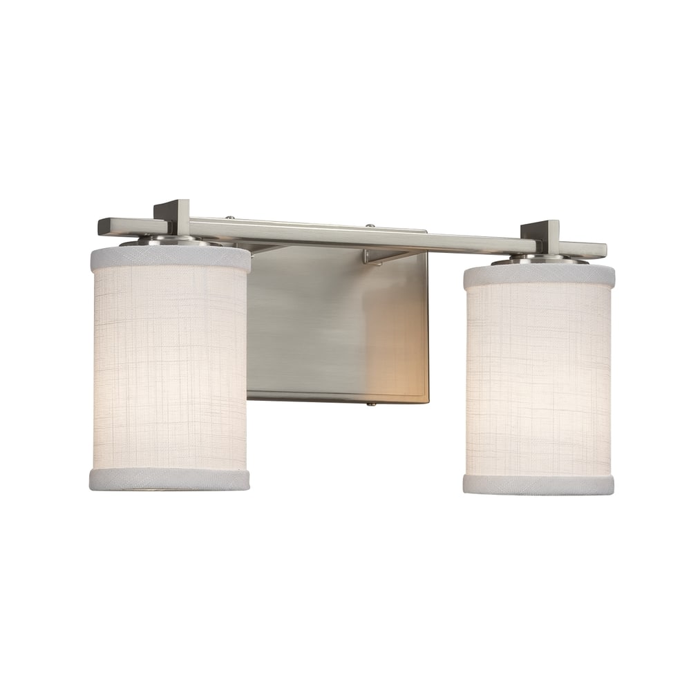 Justice Design Textile Era 2-light Brushed Nickel Bath Bar, White Cylinder - Flat Rim Shade